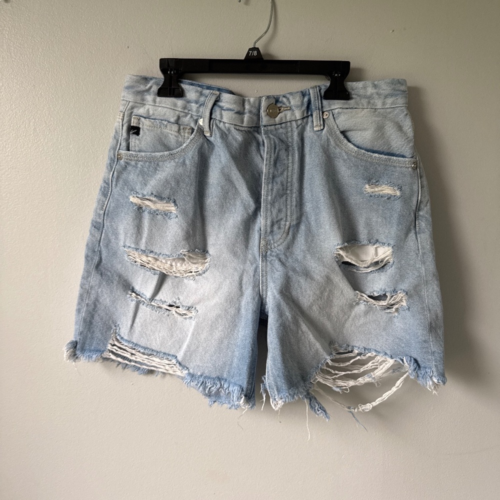 KanCan Light Blue Distressed High-Waist Denim Shorts